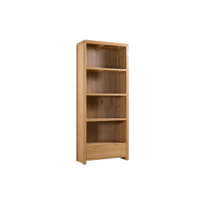 Curve Oak Natural Lacquered Tall Bookcase with Drawer
